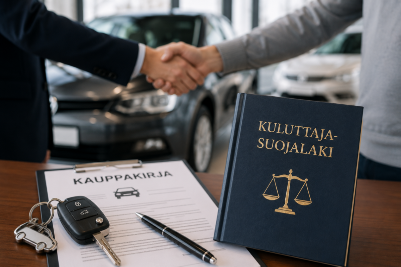Autoliikkeen vastuu käytetyn auton kaupassa – kauppakirja, auton avaimet ja kuluttajansuojalaki kuvaamassa käytetyn auton virhevastuuta.